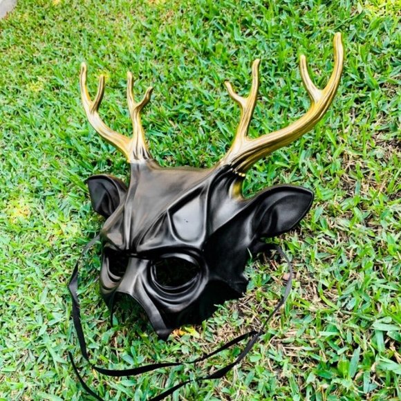 Black Devil Animal Face Mask with Gold Deer Horn Halloween Masquerade Party Mask - Picture 3 of 3